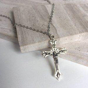 Silver Cross Crucifix Necklace — Fleur de lys